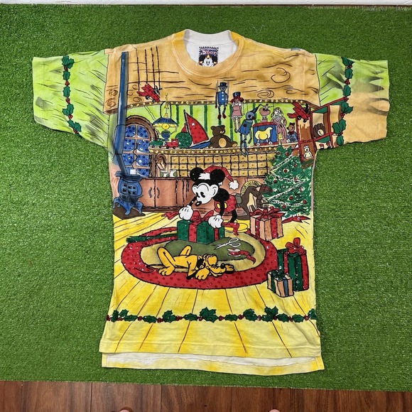 Disney Other - Vintage Disney Sequin Shirt LG Yellow Mickey All Over Print By Joujou Holiday